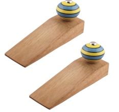 2 Pieces Turquoise And Yellow Striped Ceramic Floral Door Stoppers